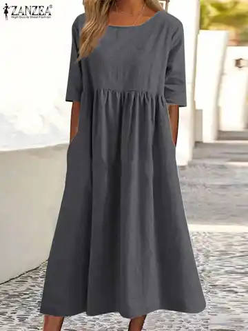 ZANZEA O-Neck Half Sleeve Solid Dresses Summer Women Dress Vintage Mid-Calf Length Robe Female Causal Holiday Sundress Kaftan