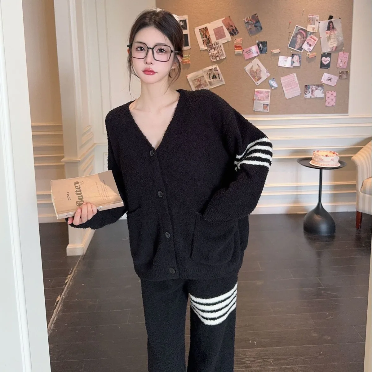 Зимний женский теплый комплект одежды для сна из кораллового флиса полосатая