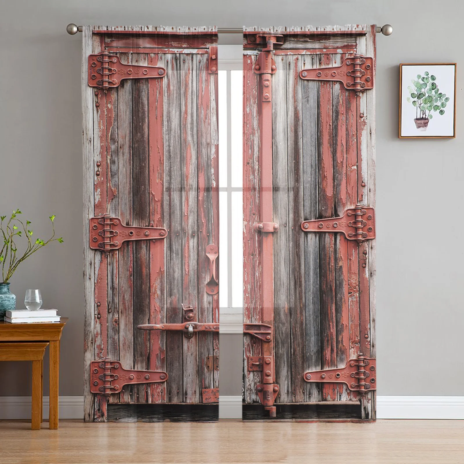 

Wooden Door Wood Grain Paint Retro Living Room Tulle Curtains Bedroom Kitchen Voile Organza Curtains Modern Sheer Curtains