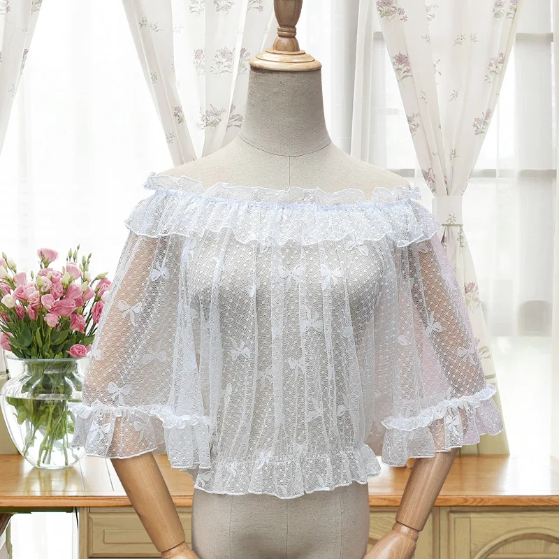 

Women Sweet Lolita Mesh Frilly Butterfly Pattern Top Blouse White/Black/ Puff Half Sleeve Lace Loose Undershirt for Kawaii Girl