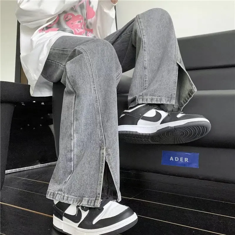 Men Jeans Summer Loose Washed-out Split Jeans Streetwear Vintage Korean Style Jeans Men Mid-Waist Denim Straight Wide-Leg Pants
