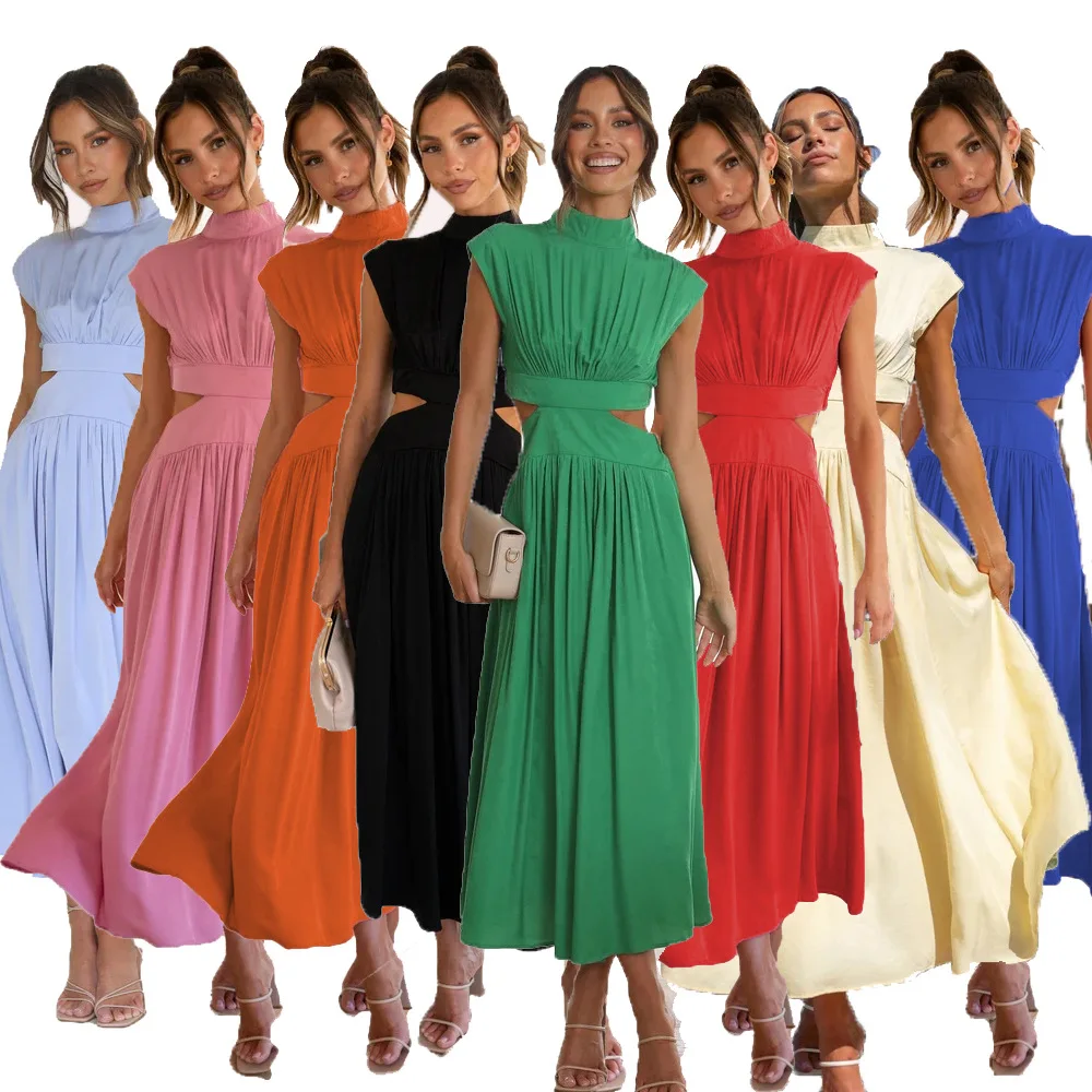 Women Stand Collar Solid Color Dropped Waist Sweet Casual Spring Summer Mid-Calf Dress