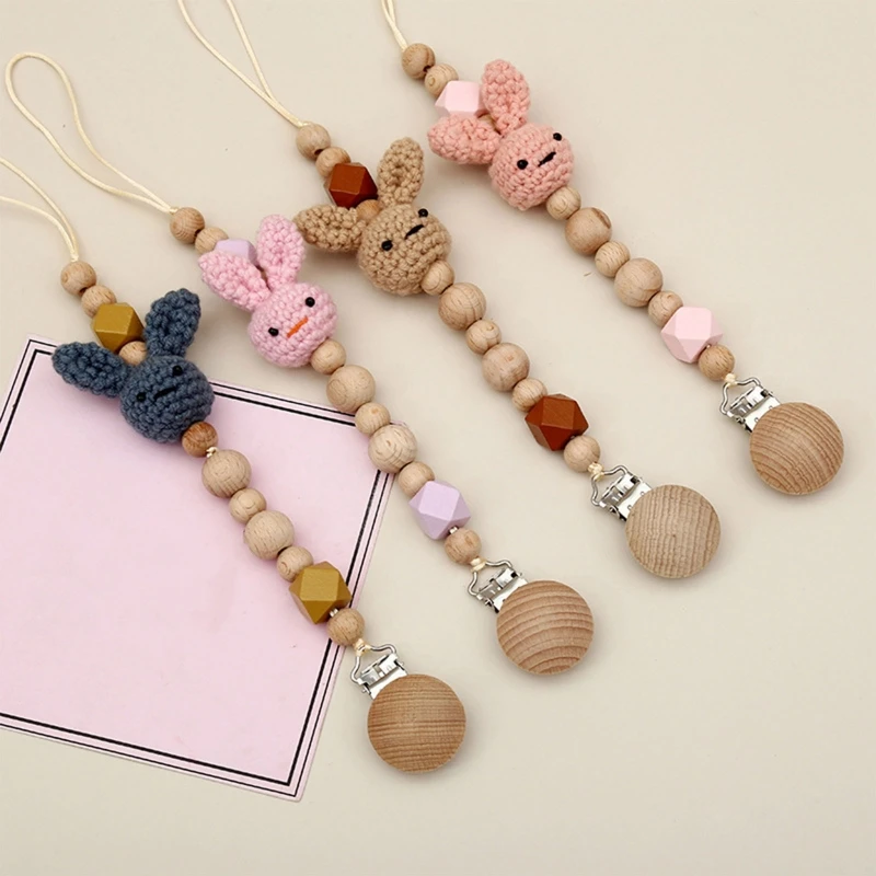 

Handmade Crochet Rabbit Chewable Knitting Bunny Beads DIY Baby Pacifier Chain Accessories Infant Newborn Teether Sensory Toy Gi