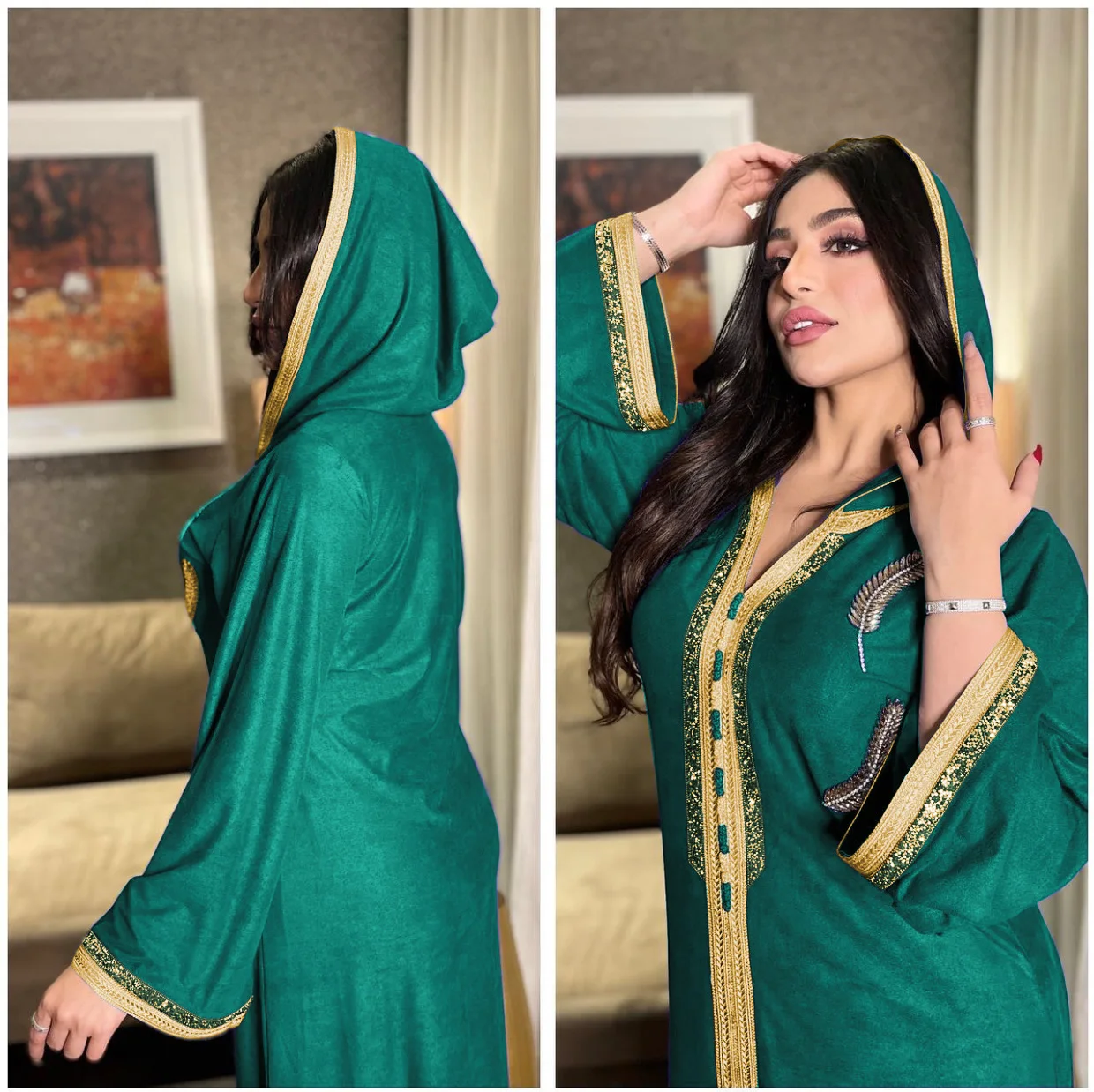 Muslim Dress  Arabic Dubai Abaya African Dresses For Women Jalabiya Green Moroccan Kaftan Hooded Robe Turkish Islamic Modest