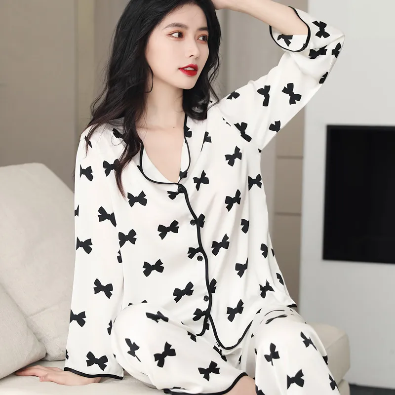 Spring Summer Silk Pajamas Women's Long-Sleeve Suit Printed Korean Style Loose Oversized Cardigan Ice Silk Thin Homewear