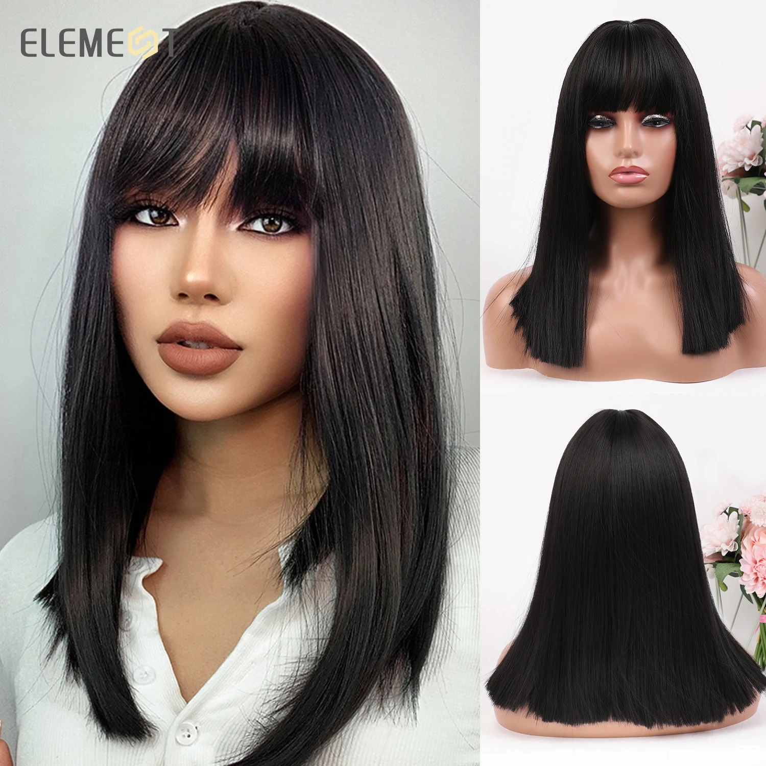 

2022 New Arrival Wigs For Women Medium Straight Black Women's Headband Wig with Bangs High Quality Natural Girls Hair Daily Use