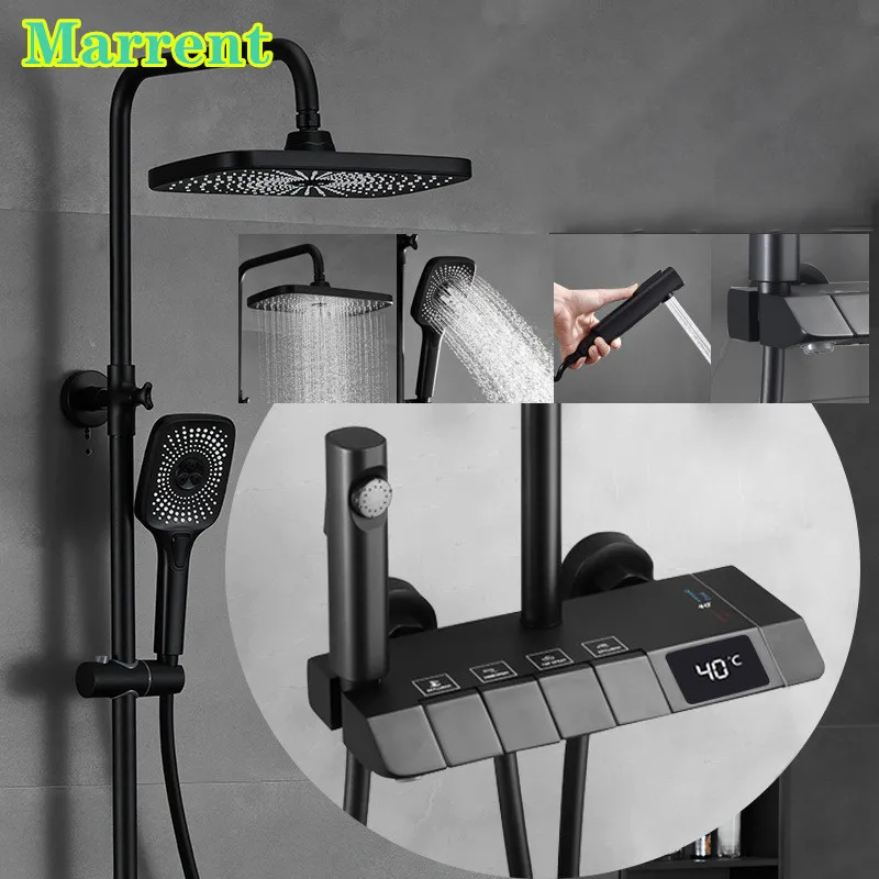 

Black Piano Digital Shower Set of 12 Inch ABS Rainfall Shower Head Brass Bathtub Mixer Faucets Thermostatic Piano Shower System