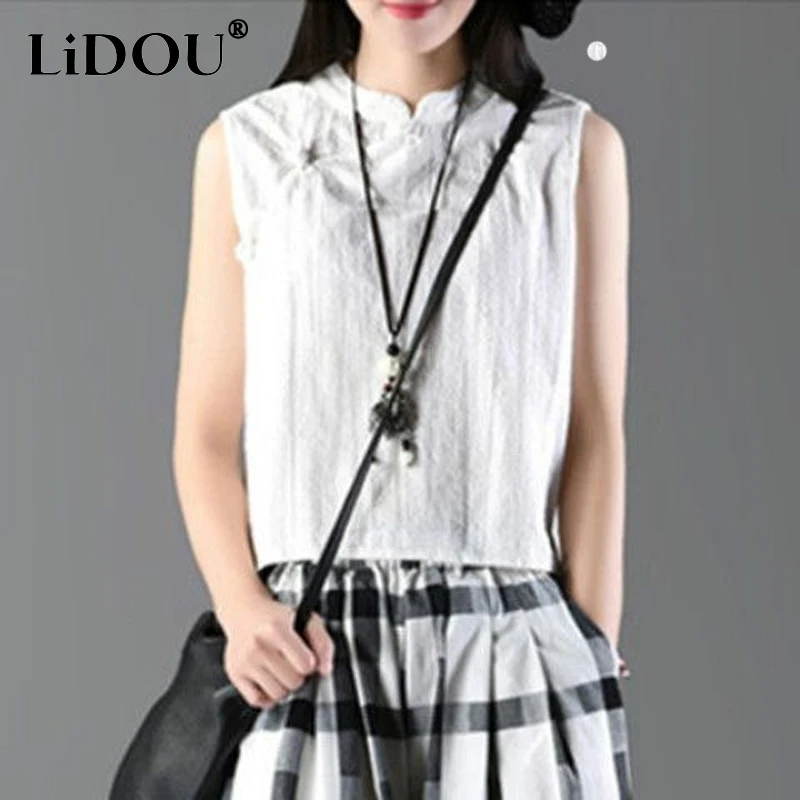 

2023 Summer New Solid Color Vintage Round Neck Sleeveless Frog Tank Women Casual Loose Comfortable Ventilate Cotton Hemp Vests