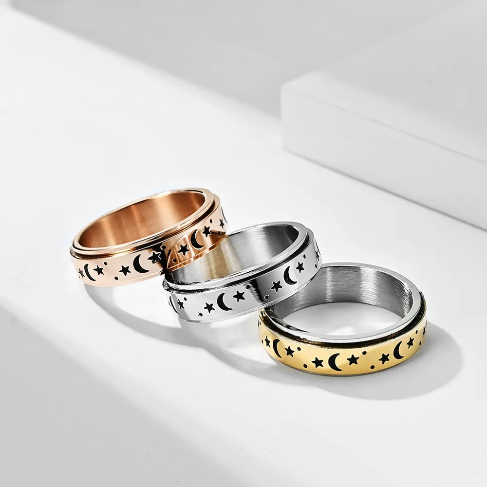 

New Titanium Steel Finger Spinner Ring For Men Women Black Star And Moon Rotatable Relief Anxiety Jewelry Waterproof Jewelry
