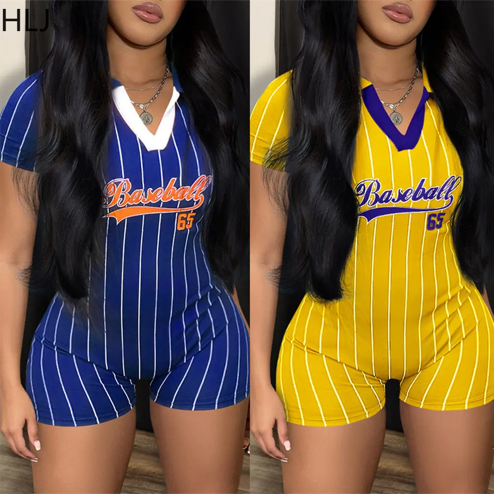 HLJ Casual Basketball Letter Printing Sports Rompers Women Polo Neck Stripe Bodycon Jumpsuits Summer Female Slim Playsuits 2023