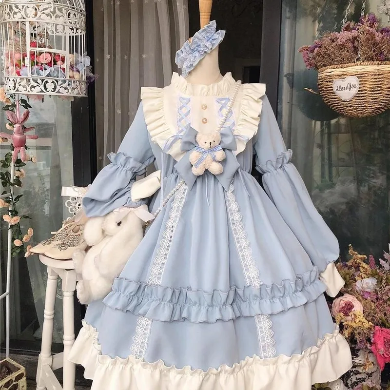 

Japanese Gothic Lolita Dress Women Kawaii Bow Bear Lace Blue Dress Long Sleeve Princess Dress Halloween Costume Gift For Girls