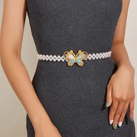 elastic waist belt chain women rhinestones belt butterfly buckle decorative dress slim waist