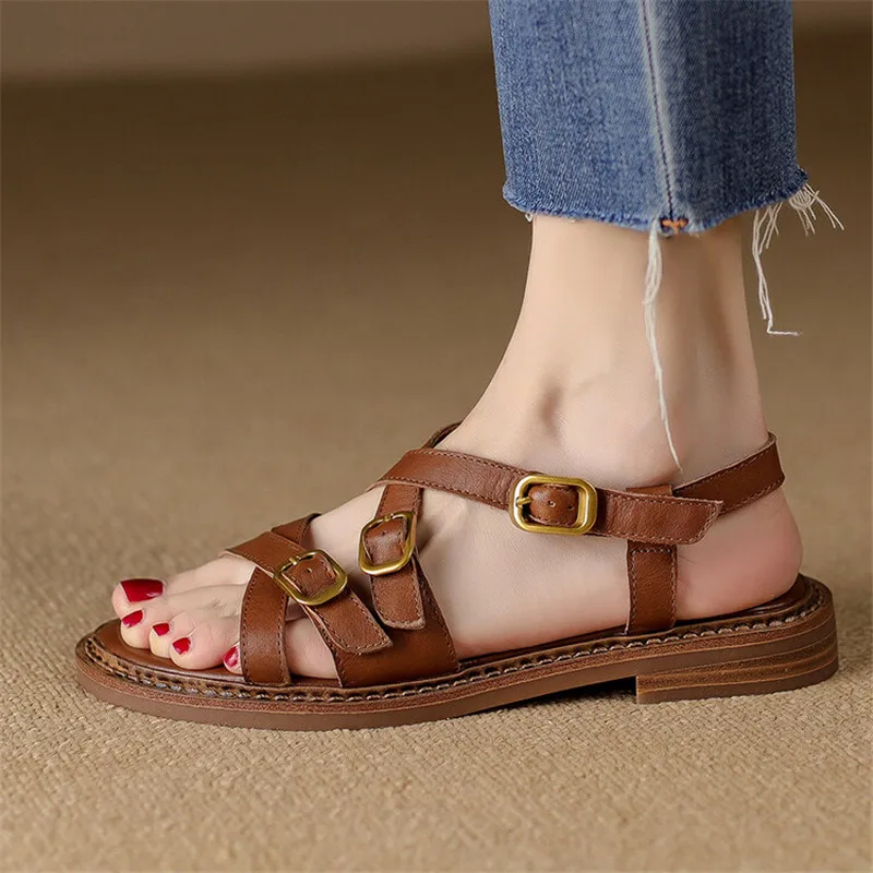 Новые летние сандалии женская обувь на массивном каблуке с круглым носком ручной