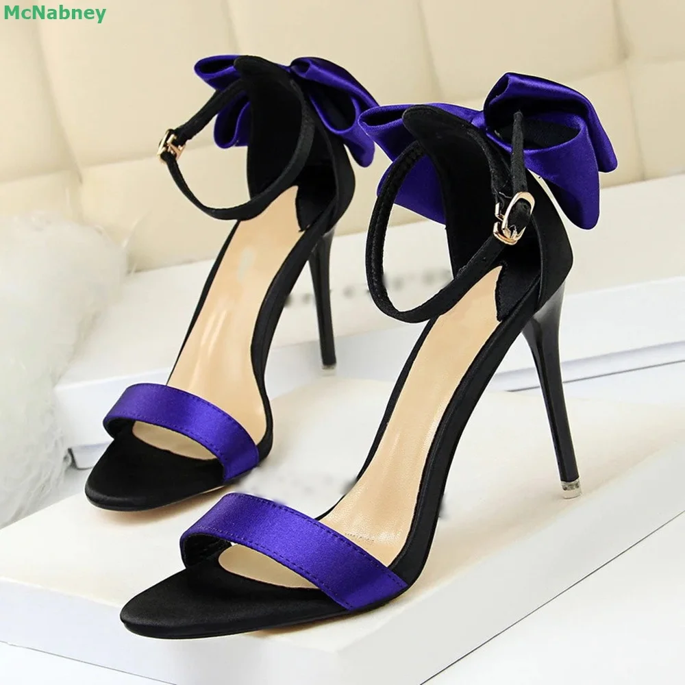Butterfly-knot Ankle Buckle Strap Sandals Mixed Colors Round Toe Thin High Heel Shallow Sweet Simple Design Classics Summer Shoe