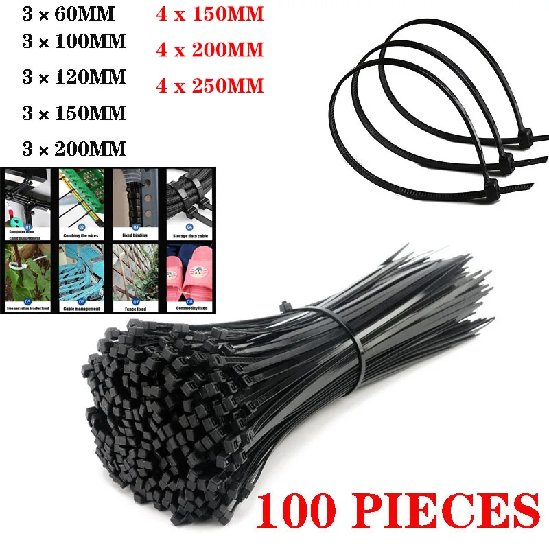 

3x100-4x200 Self-Locking Plastic Nylon Cable Ties Industrial Cable Ties Fastening Ring Buckle Nylon Cable Ties 100pcs