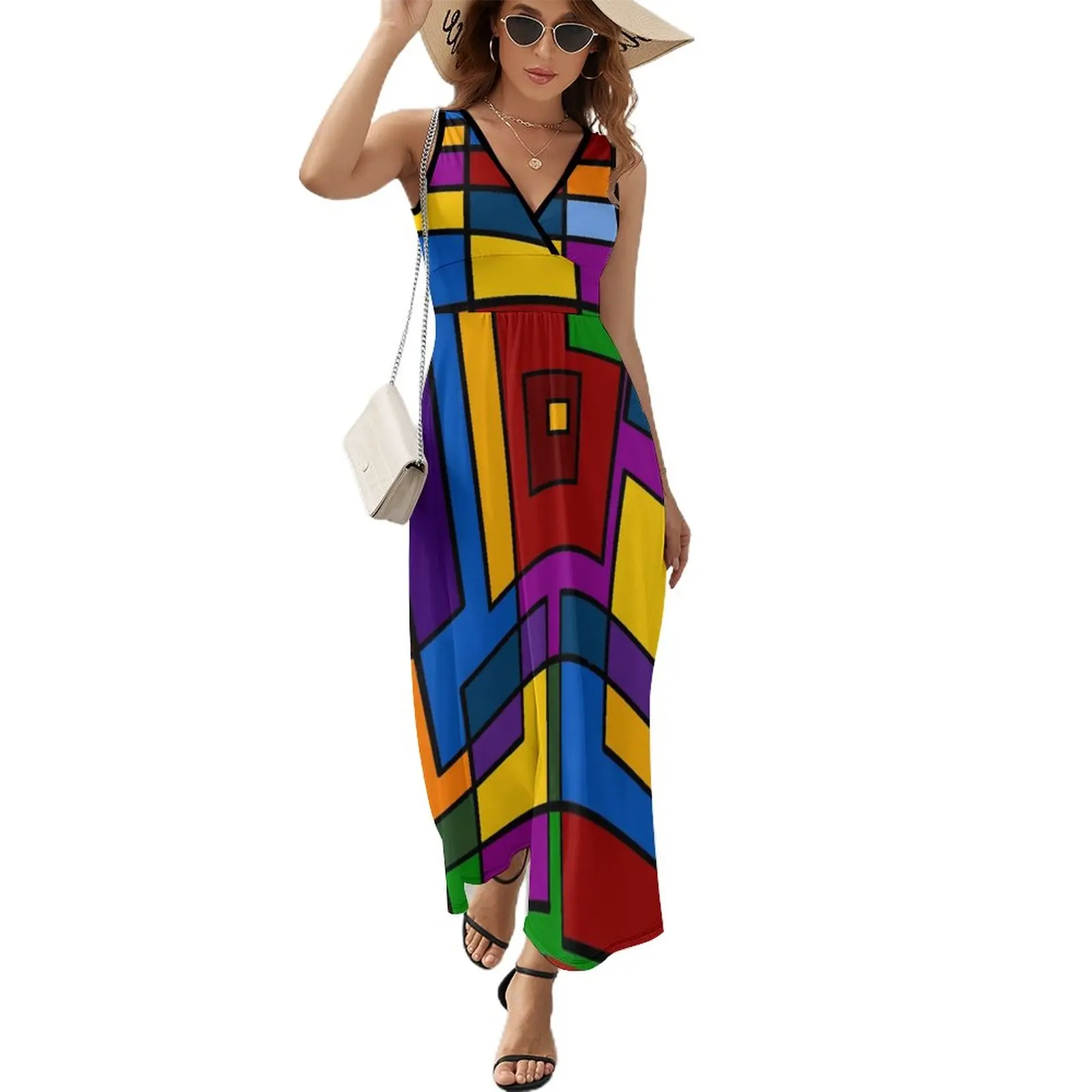 

De Stijl Inspired Dress Abstract Art Elegant Maxi Dress V Neck Design Boho Beach Long Dresses Street Fashion Big Size Vestido