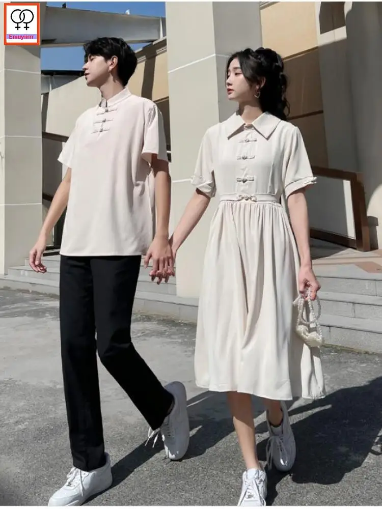 

Matching Couple Clothes Outfits Male Female Lovers Holiday Valentine's Girls Date Honeymoon Vintage Retro White Shirt Dress