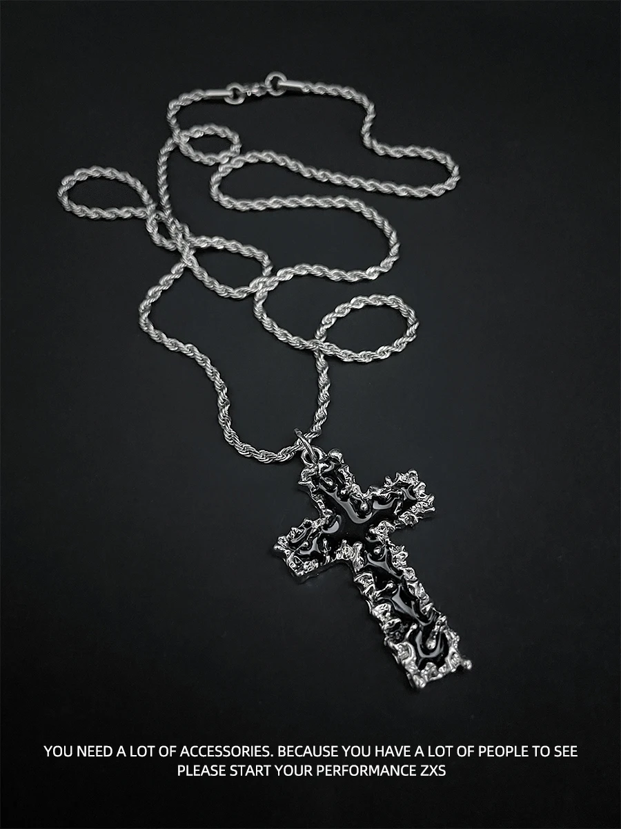 ZXS Cold Wind Thorn Lava Cross Necklace Men's and Women's Trendy Titanium Steel Hip-hop Street Ins Pendant Sweater Chain