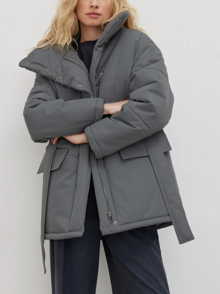 Warm Women's Winter Parkas 2022 Oversize Straight Thick Button Casual Cotton Padded Coat Soft Beige Jacket With Belt For Women