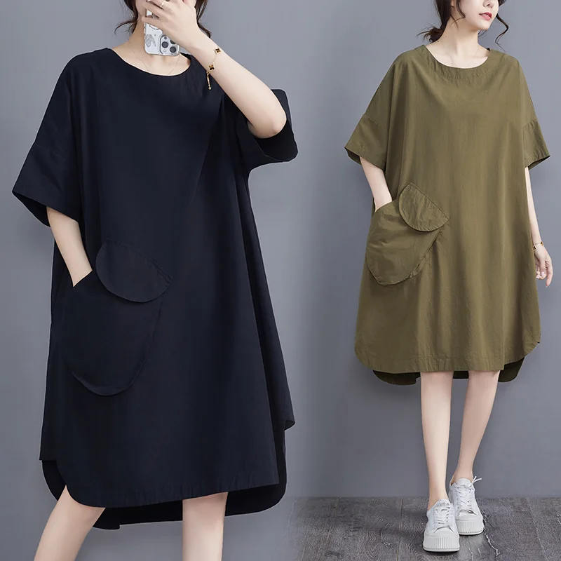 

Черно-зеленое асимметричное платье-футболка, женское прямое офисное платье-футболка А-силуэта с карманами, лето 2023