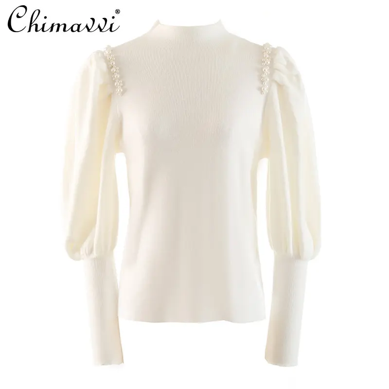 

Пуловер с бусинами и рукавами-фонариками, вязаный элегантный свитер во французском стиле, весна 2023