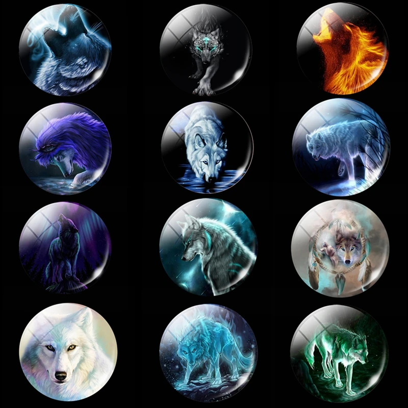 

1PCS/SET 12/16/20/25/30mm Luminous Glass Cabochon Jewelry Aggressive Wolf Pattern Round Making Glowing In The Dark DIY Gift