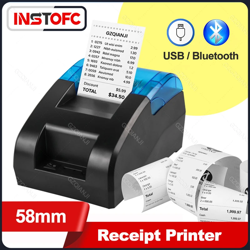 

58MM Desktop POS Cashier Printer USB Bluetooth Thermal Receipt Maker Support Windows Loyverse Restaurant Sales Kitchen Printing