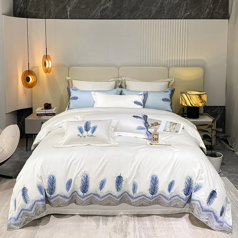 

Набор пододеяльников для пуховых одеял в стиле бохо с вышитым пером белого/голубого цвета из египетского хлопка, набор из 4 предметов, посте...