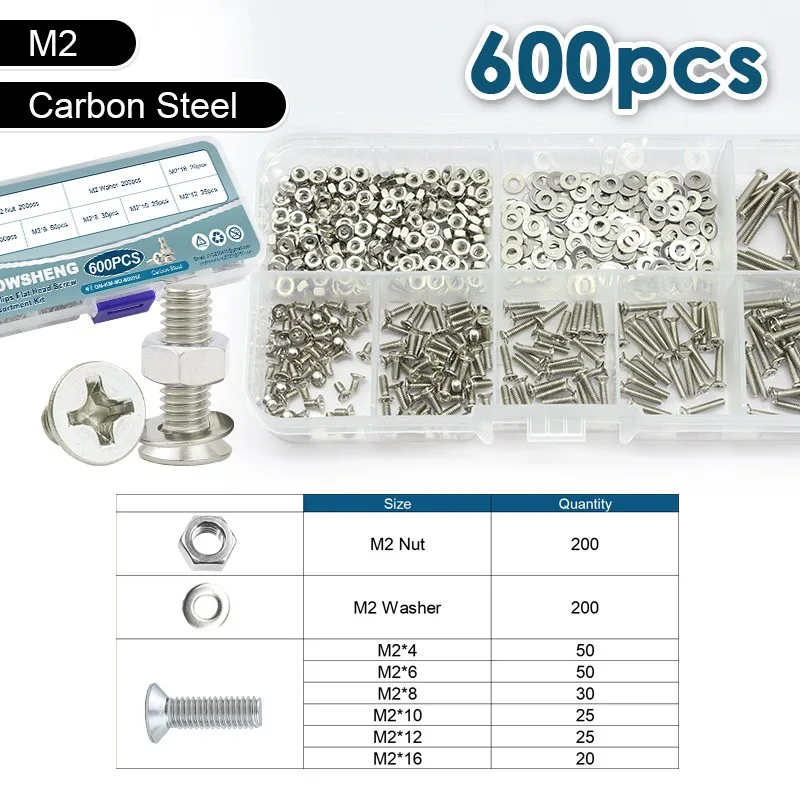 

180/255/330/600 шт. M2 M3 M4 M5 Corss плоский винт с потайной головкой, набор гаек, набор шайб из углеродистой стали Phillips