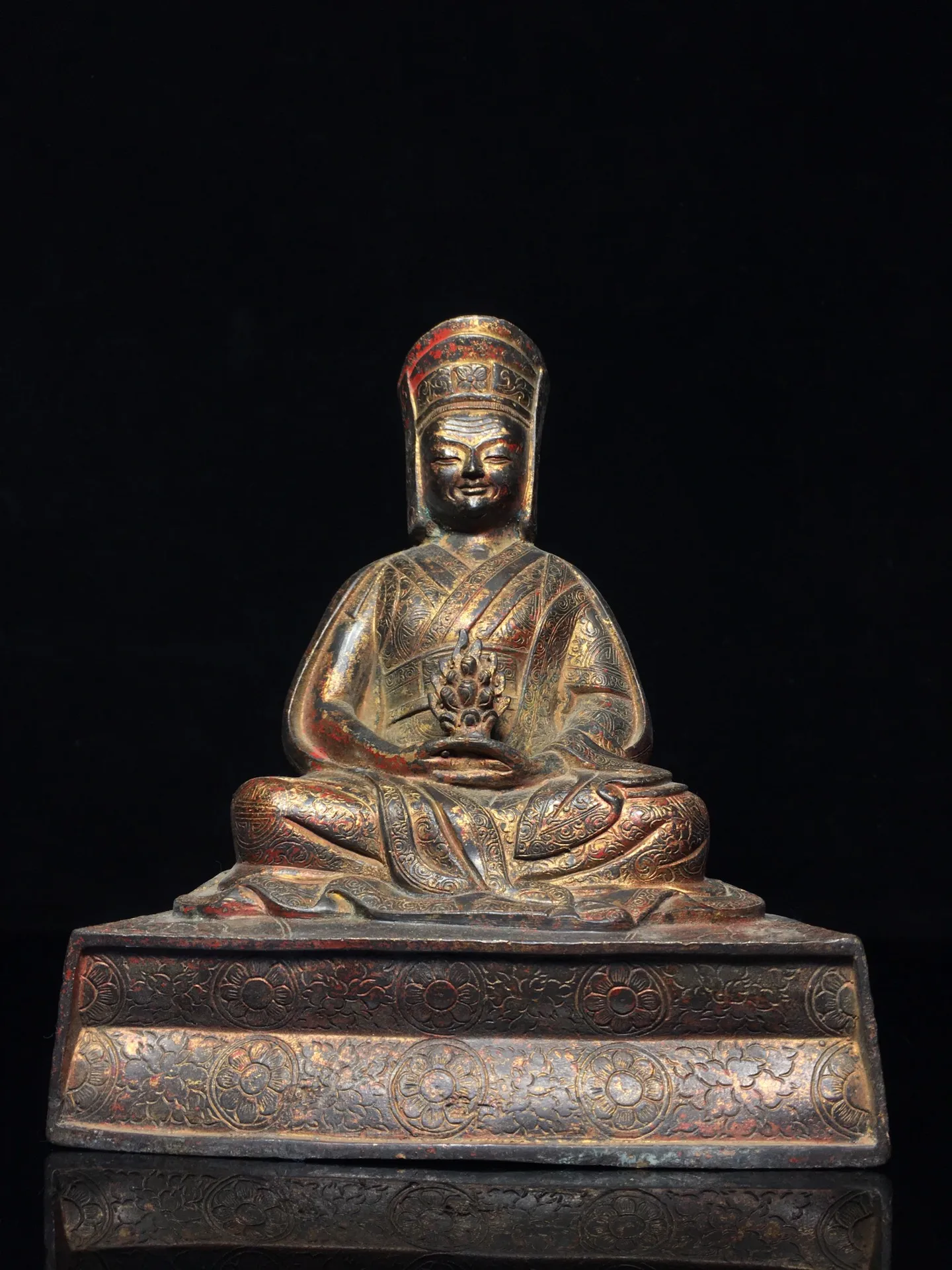 

9"Tibet Temple Collection Old Bronze Cinnabar Mud gold Guru Master Buddha Buddhist Teacher Worship Hall Town house