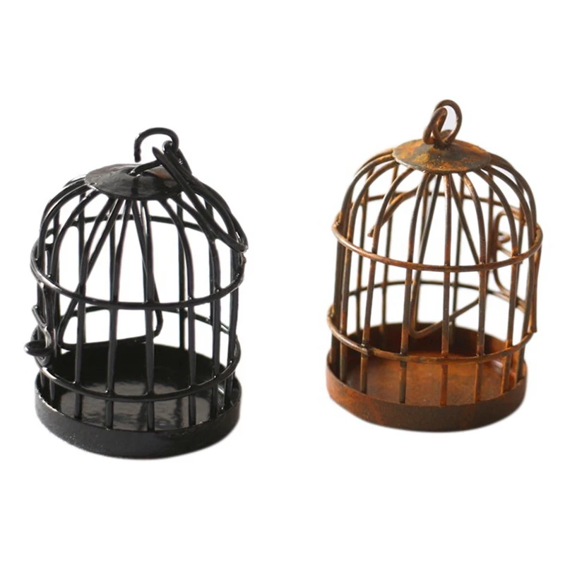 

2Pcs Miniature Bird Cage Hanging Birdcage Pendant Iron Art Ornament For Fairy Garden Dollhouse Bonsai