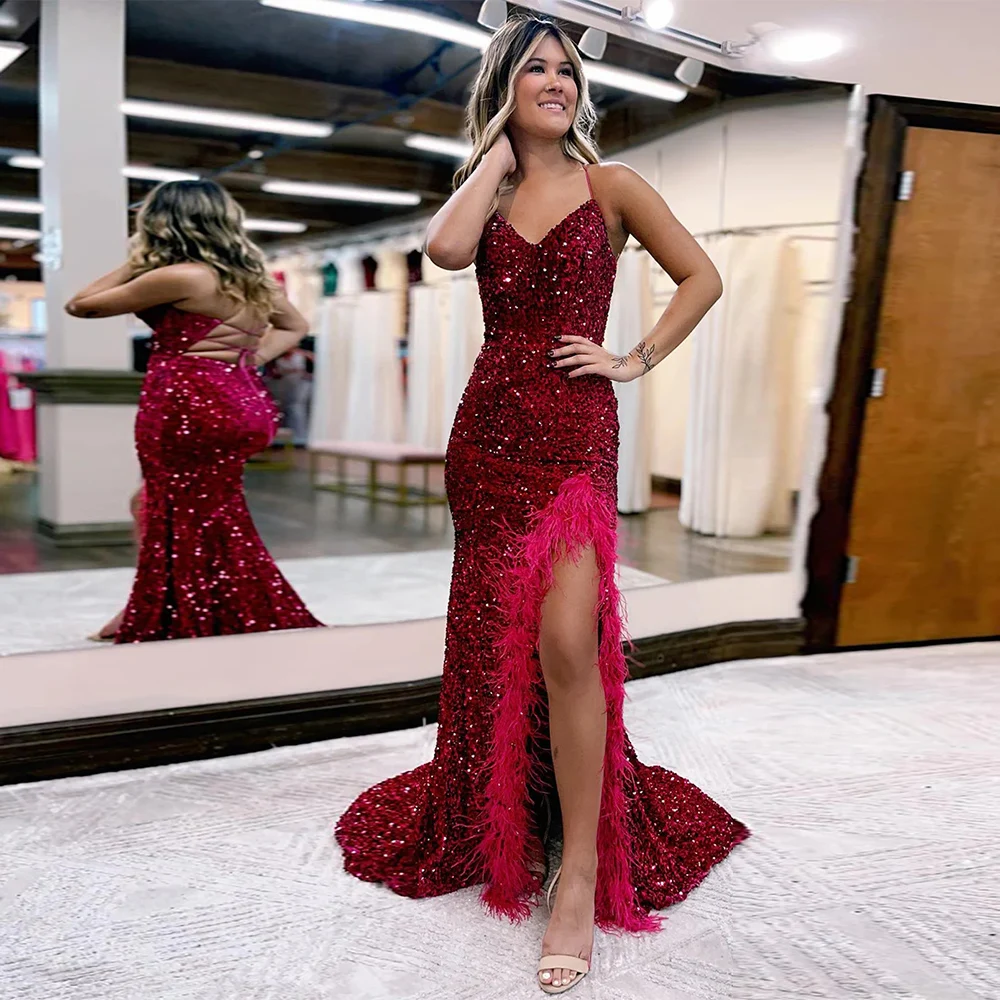 

Очаровательные бордовые вечерние платья для женщин 2023 Вечерние Платья С Боковым Разрезом со шлейфом для выпускного вечера с перьями блестк...
