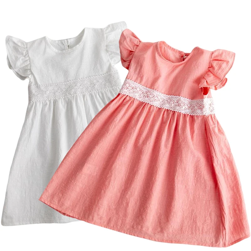 

Baby Girls Dress Clothes Lace fly sleeves Pure Color Cotton Linen Casual Dress Knee Length Kids Clothing Princess Dress