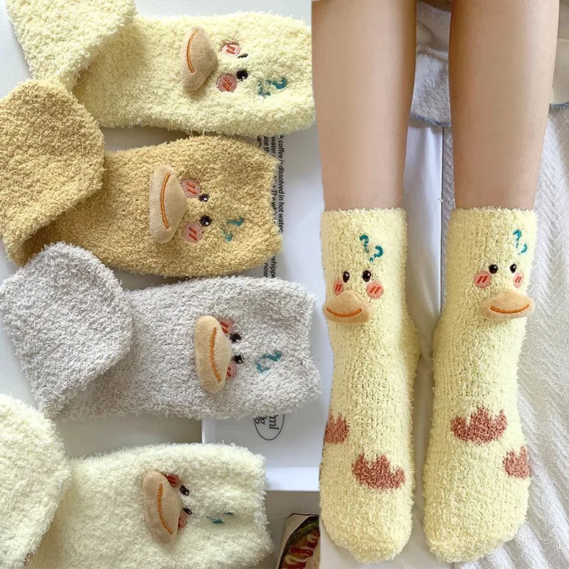 Милые пушистые носки с мультяшным рисунком утки для женщин осенне-зимние