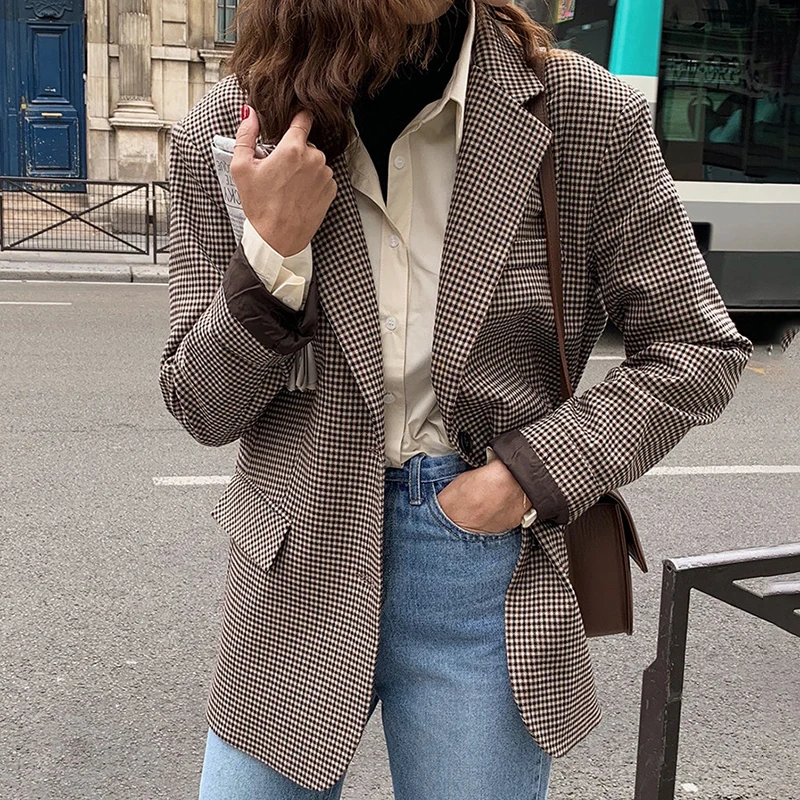 

Harajuku Plaid Printed BlazersWomen Long Sleeve Loose Suits Jackets Female Autumn Single Breasted Autumn Style Outerwear C006