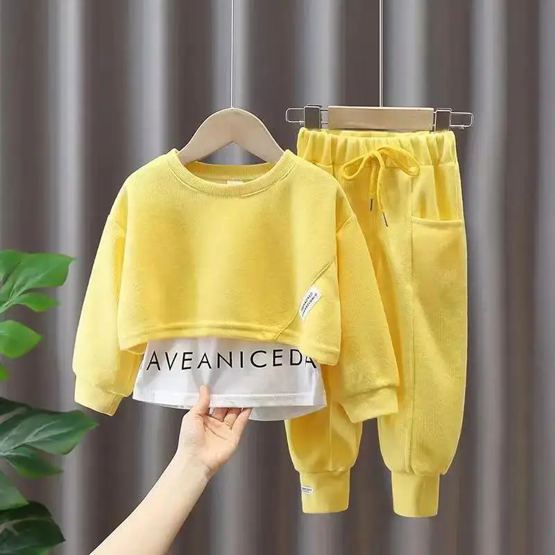 

korea Student Sports Suits Spring Girls Sweater Sets Fake Two-piece Long Sleeve+Trousers Outfits Children's Loungewear for 2-14Y