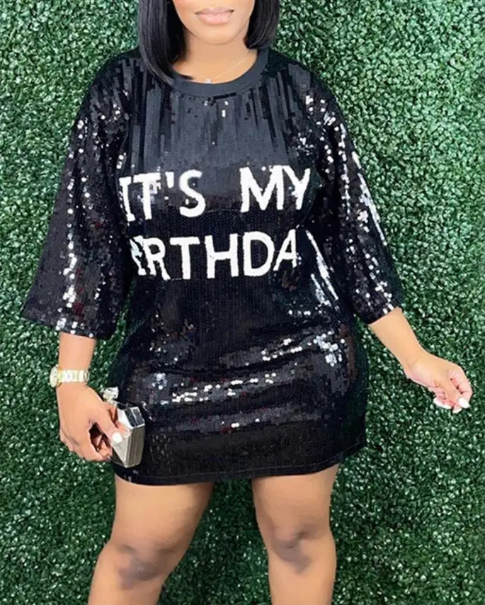 

Dresses for Women 2023 Night Out Daily Round Neck Letter Pattern Allover Sequin Casual Straight Mini Dress