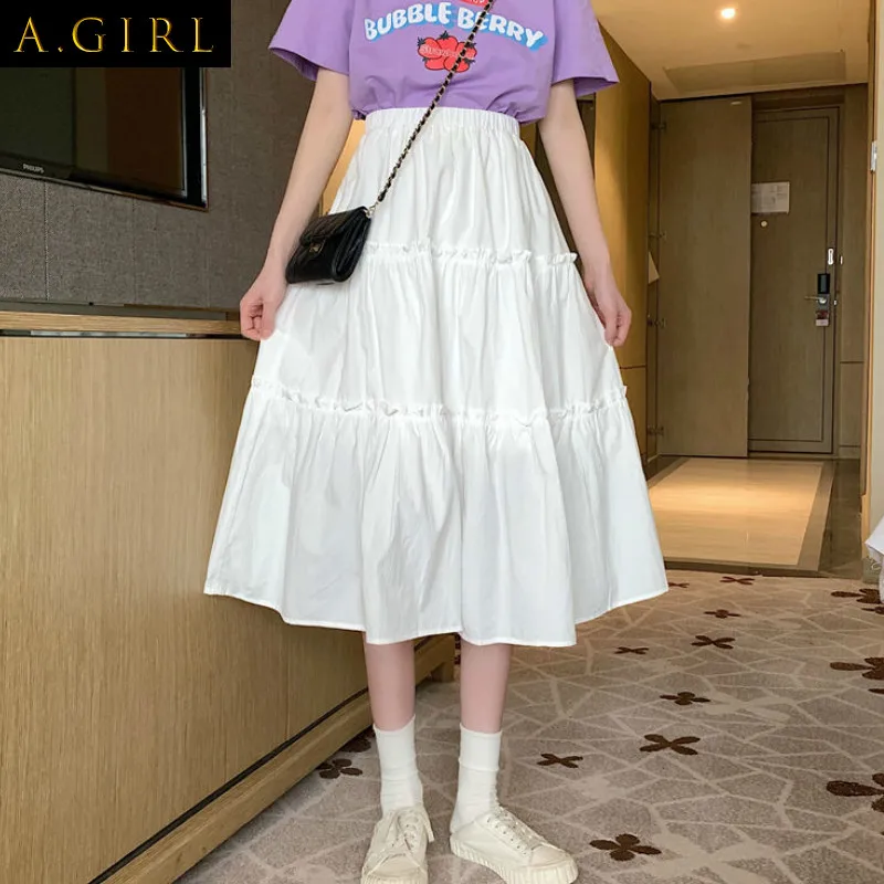 

A GIRLS Skirts Women Solid Fungus Elastic Waist Loose Ruched Midi Skirt Student Harajuku Simple Fashion Casual Ins Kawaii Daily