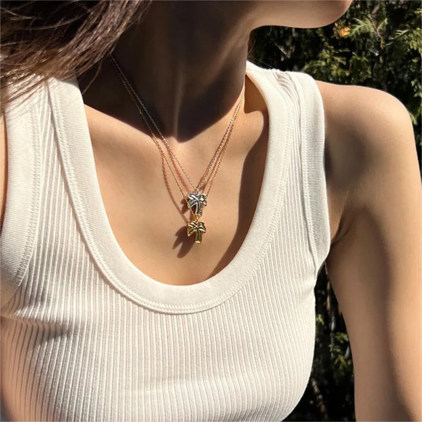 

Amaiyllis 925 Sterling Silver Simple Coconut Tree Necklace Pendant Fashion Irregular Personality Clavicle Chain Necklace Jewelry