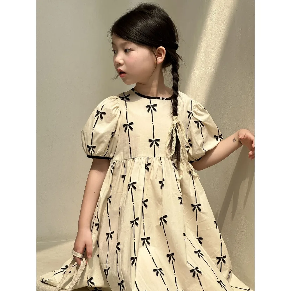 Платье для девочек в корейском стиле новинка 2024 летнее платье Babydoll с бантом и
