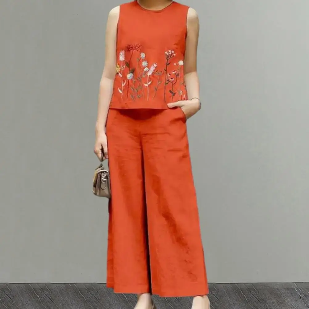 Женский комплект из жилета и брюк летний топ брюки без рукавов с круглым вырезом