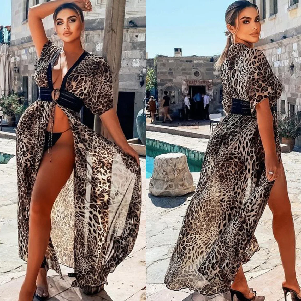 

2022 Women's Summer Beach Blouse Spell Chiffon Lace Leopard Grain Beach Resort Is Prevented Bask In Cardigan Beach Dress