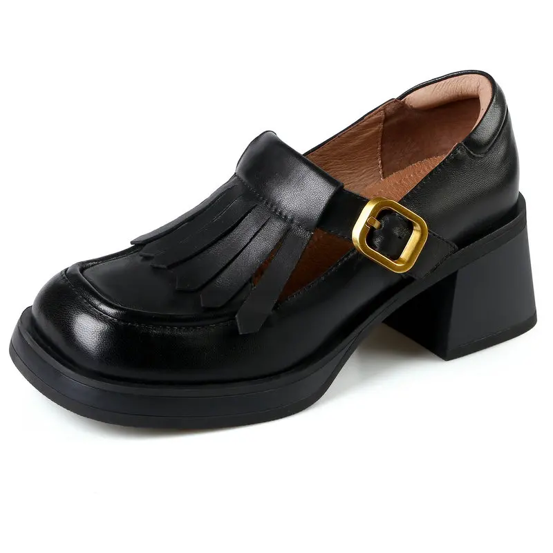 

Women Genuine Leather Pumps Office Ladies Casual Thick High Heels Concise Retro T-Strap Tassel Shoes Woman Spring Autumn