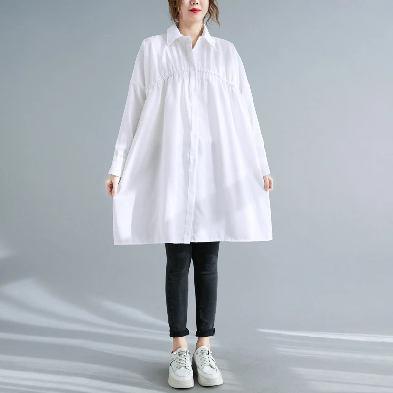 

SuperAen Solid Color Turn Down Collar Cardigan Long Sleeved Shirt Loose Oversize Shirt for Women
