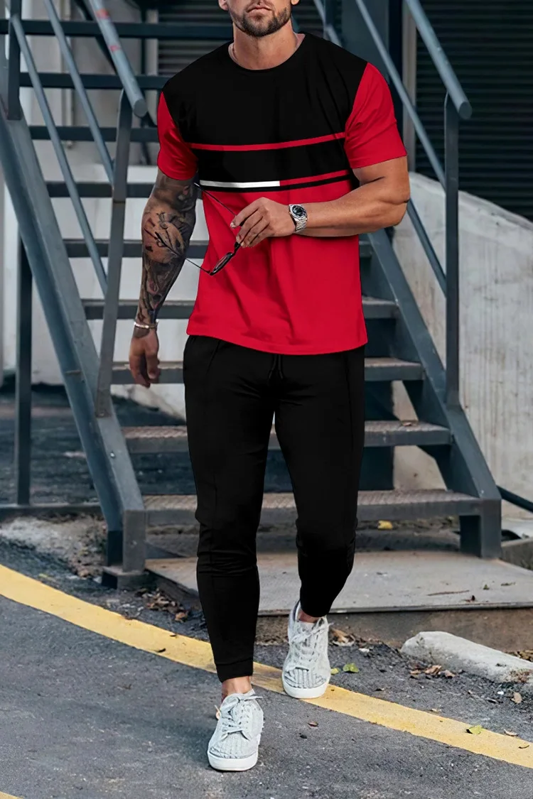 New Arrival Men's Sports Trousers Sets Outfit Tracksuit 2Piece Set Summer T shirt Trousers for Men Short T Shirt+Long Pants Sets