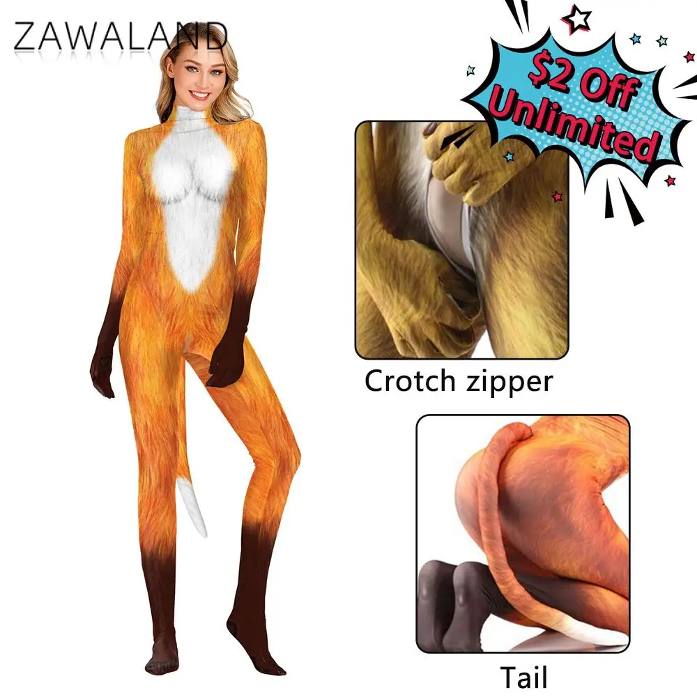 Zawaland Halloween Costumes for Women Animal Fox 3D Printing  Zentai Pet Suit Sexy Slim Jumpsuits Bodysuit Fancy Dress