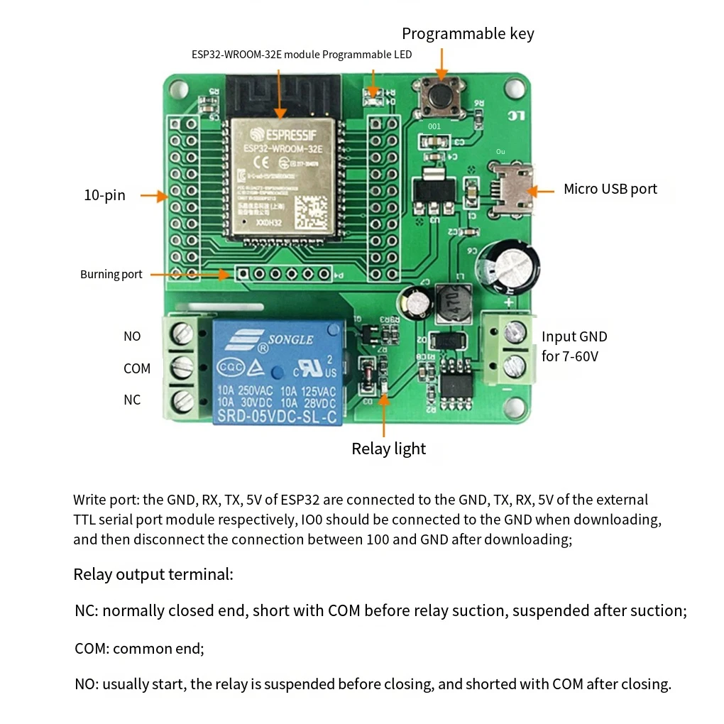 DC7-60V ESP32 WIFI Bluetooth одиночный релейный модуль ESP32-WROOM-32E для вторичной разработки