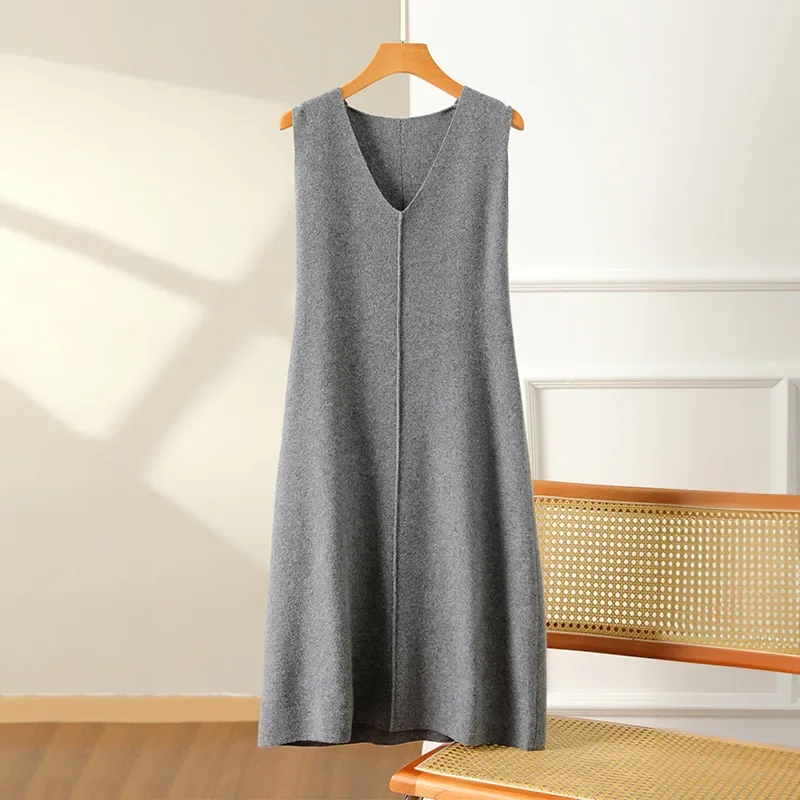 Осень/зима новое вязаное платье-жилет из 100% чистой шерсти женское длинное платье