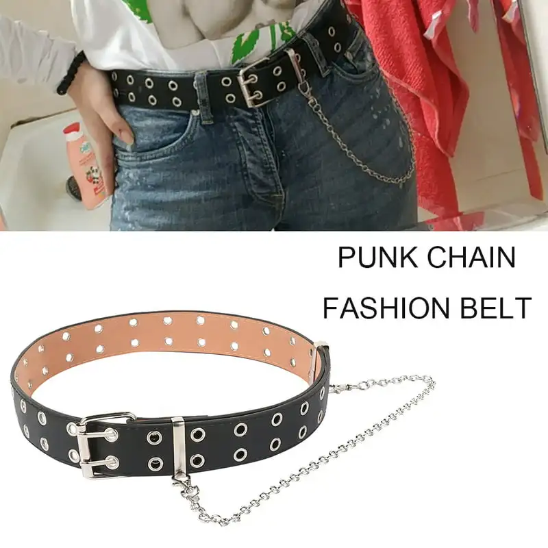 Fashion Punk Chain Belt Black Double Eyelet Leather Buckle Belt With Chain