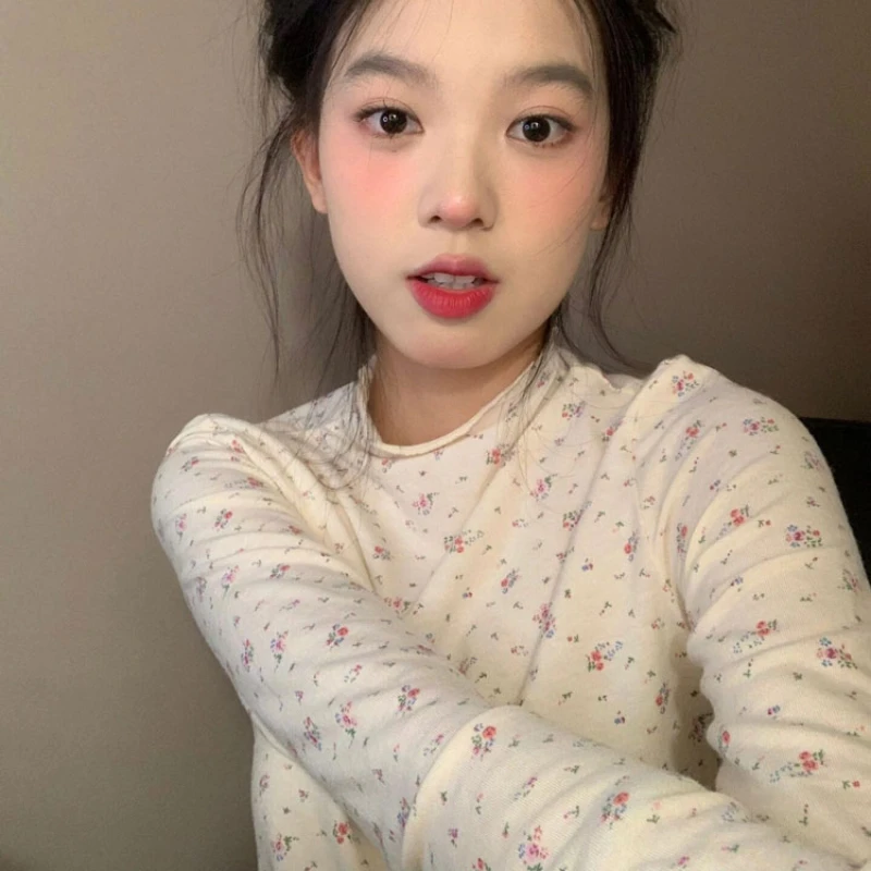 Футболка женская с длинным рукавом винтажный удобный Приталенный топ цветочным